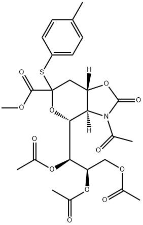 4H-Pyrano[3,4-d]oxazole-6-carboxylic acid, 3-acetylhexahydro-6-[(4-methylphenyl)thio]-2-oxo-4-[(1S,2R)-1,2,3-tris(acetyloxy)propyl]-, methyl ester, (3aR,4R,7aS)- 구조식 이미지