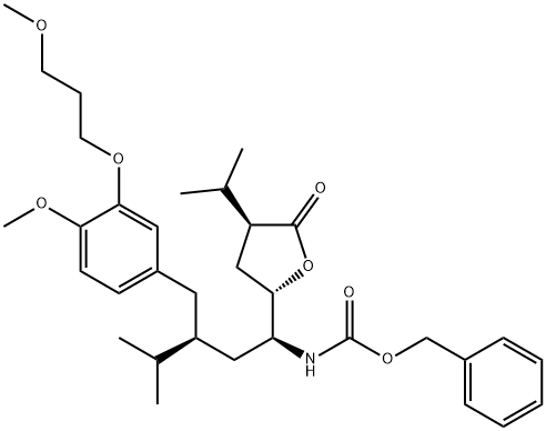 Carbamic acid, N-[(1S,3S)-3-[[4-methoxy-3-(3-methoxypropoxy)phenyl]methyl]-4-methyl-1-[(2S,4S)-tetrahydro-4-(1-methylethyl)-5-oxo-2-furanyl]pentyl]-, phenylmethyl ester 구조식 이미지