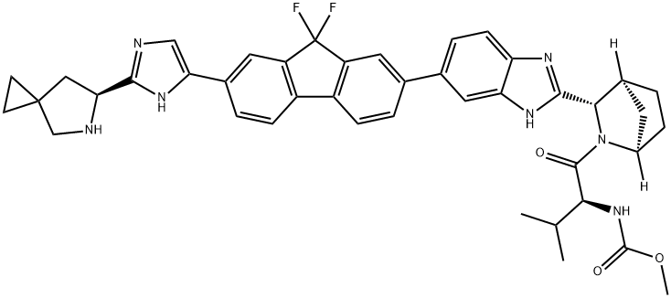 Carbamic acid, N-[(1S)-1-[[(1R,3S,4S)-3-[6-[7-[2-(6S)-5-azaspiro[2.4]hept-6-yl-1H-imidazol-5-yl]-9,9-difluoro-9H-fluoren-2-yl]-1H-benzimidazol-2-yl]-2-azabicyclo[2.2.1]hept-2-yl]carbonyl]-2-methylpropyl]-, methyl ester Structure