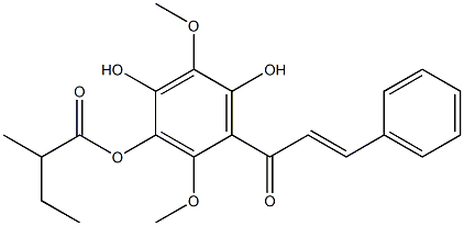 Butanoic acid, 2-methyl-, 2,4-dihydroxy-3,6-dimethoxy-5-[(2E)-1-oxo-3-phenyl-2-propen-1-yl]phenyl ester, (-)- 구조식 이미지