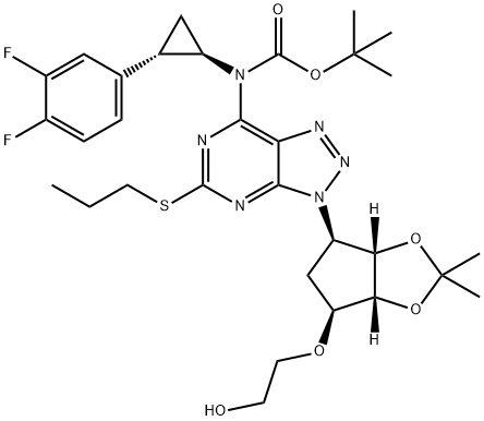 Carbamic acid, N-[(1R,2S)-2-(3,4-difluorophenyl)cyclopropyl]-N-[5-(propylthio)-3-[(3aS,4R,6S,6aR)-tetrahydro-6-(2-hydroxyethoxy)-2,2-dimethyl-4H-cyclopenta-1,3-dioxol-4-yl]-3H-1,2,3-triazolo[4,5-d]pyrimidin-7-yl]-, 1,1-dimethylethyl ester Structure