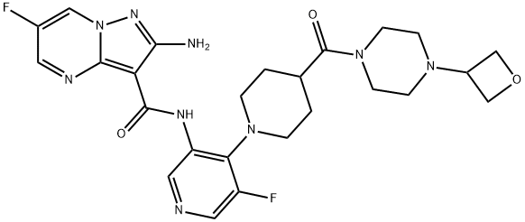 2-amino-6-fluoro-N-(5-fluoro-4-(4-(4-(oxetan-3-yl)piperazine-1-carbonyl)piperidin-1-yl)pyridin-3-yl)pyrazolo[1,5-a]pyrimidine-3-carboxamide(WXC04788) 구조식 이미지