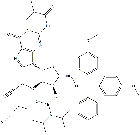 N2-iso-Butyroyl-5'-O-(4,4'-dimethoxytrityl)-2'-O-propargyl guanosine-3'-O-[(2-cyanoethyl)-(N,N-diisopropyl)]phosphoramidite Structure