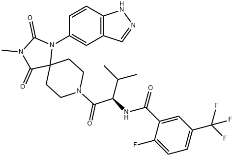 Benzamide, 2-fluoro-N-[(1R)-1-[[1-(1H-indazol-5-yl)-3-methyl-2,4-dioxo-1,3,8-triazaspiro[4.5]dec-8-yl]carbonyl]-2-methylpropyl]-5-(trifluoromethyl)- Structure