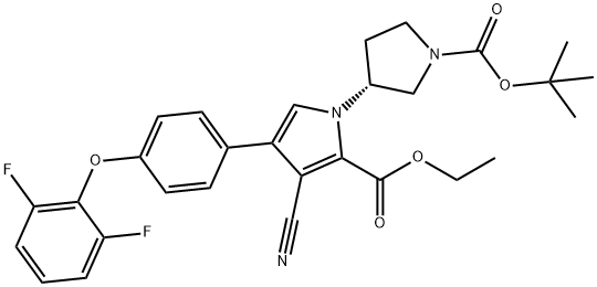 1H-Pyrrole-2-carboxylic acid, 3-cyano-4-[4-(2,6-difluorophenoxy)phenyl]-1-[(3R)-1-[(1,1-dimethylethoxy)carbonyl]-3-pyrrolidinyl]-, ethyl ester Structure