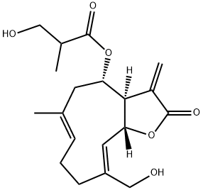 3-Hydroxy-2-methylpropionic acid [(3aR)-2,3,3aβ,4,5,8,9,11aα-octahydro-10-hydroxymethyl-6-methyl-3-methylene-2-oxocyclodeca[b]furan-4β-yl] ester 구조식 이미지