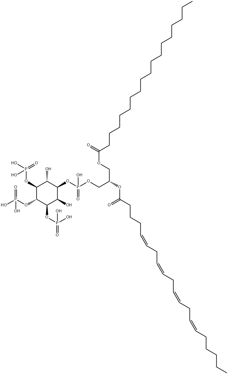 D-myo-Inositol, 3,4,5-tris(dihydrogen phosphate) 1-(2S)-2-(5Z,8Z,11Z,14Z)-1-oxo-5,8,11,14-eicosatetraenyloxy-3-(1-oxooctadecyl)oxypropyl hydrogen phosphate 구조식 이미지