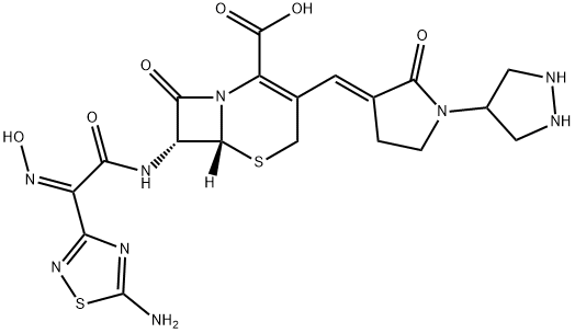 5-Thia-1-azabicyclo[4.2.0]oct-2-ene-2-carboxylic acid, 7-[[(2Z)-2-(5-amino-1,2,4-thiadiazol-3-yl)-2-(hydroxyimino)acetyl]amino]-8-oxo-3-[(E)-[2-oxo-1-(4-pyrazolidinyl)-3-pyrrolidinylidene]methyl]-, (6R,7R)- Structure