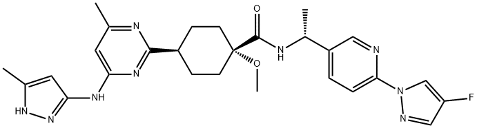 Cyclohexanecarboxamide, N-[(1R)-1-[6-(4-fluoro-1H-pyrazol-1-yl)-3-pyridinyl]ethyl]-1-methoxy-4-[4-methyl-6-[(5-methyl-1H-pyrazol-3-yl)amino]-2-pyrimidinyl]-, cis- 구조식 이미지