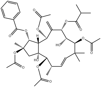 2,5,9,14-Tetraacetoxy-3-benzoyloxy-8,15-dihydroxy-7-isobutyroyloxyjatropha-6(17),11E-diene Structure