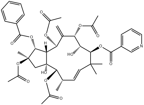 2,5,7,14-Tetraacetoxy-3-benzoyloxy-8,15-dihydroxy-9-nicotinoyloxyjatropha-6(17),11E-diene 구조식 이미지