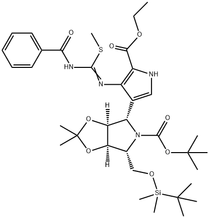 5H-1,3-Dioxolo4,5-cpyrrole-5-carboxylic acid, 4-4-(benzoylamino)(methylthio)methyleneamino-5-(ethoxycarbonyl)-1H-pyrrol-3-yl-6-(1,1-dimethylethyl)dimethylsilyloxymethyltetrahydro-2,2-dimethyl-, 1,1-dimethylethyl ester, (3aS,4S,6R,6aR)- Structure