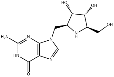 6H-Purin-6-one, 2-amino-9-(2S,3S,4R,5R)-3,4-dihydroxy-5-(hydroxymethyl)-2-pyrrolidinylmethyl-1,9-dihydro- 구조식 이미지