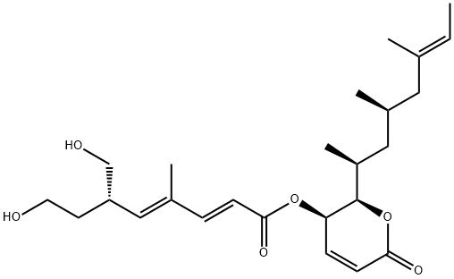 2,4-Octadienoic acid, 8-hydroxy-6-(hydroxymethyl)-4-methyl-, (2R,3R)-3,6-dihydro-6-oxo-2-[(1S,3R,5E)-1,3,5-trimethyl-5-hepten-1-yl]-2H-pyran-3-yl ester, (2E,4E,6S)- Structure