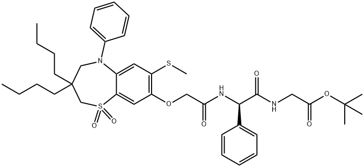 Glycine, (2R)-N-[[[3,3-dibutyl-2,3,4,5-tetrahydro-7-(methylthio)-1,1-dioxido-5-phenyl-1,5-benzothiazepin-8-yl]oxy]acetyl]-2-phenylglycyl-, 1,1-dimethylethyl ester (9CI) Structure