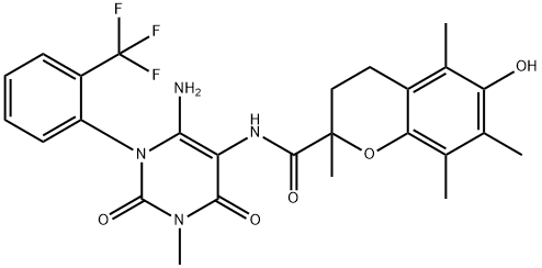 2H-1-Benzopyran-2-carboxamide,  N-[6-amino-1,2,3,4-tetrahydro-3-methyl-2,4-dioxo-1-[2-(trifluoromethyl)phenyl]-5-pyrimidinyl]-3,4-dihydro-6-hydroxy-2,5,7,8- Structure