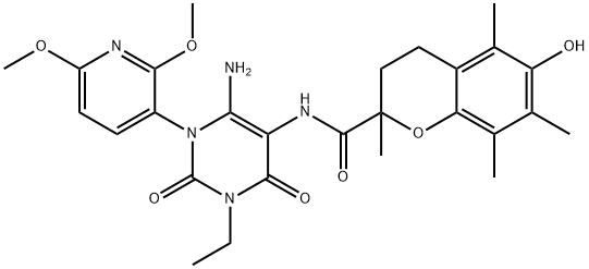 2H-1-Benzopyran-2-carboxamide,  N-[6-amino-1-(2,6-dimethoxy-3-pyridinyl)-3-ethyl-1,2,3,4-tetrahydro-2,4-dioxo-5-pyrimidinyl]-3,4-dihydro-6-hydroxy-2,5,7,8- Structure