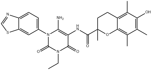 2H-1-Benzopyran-2-carboxamide,  N-[6-amino-1-(6-benzothiazolyl)-3-ethyl-1,2,3,4-tetrahydro-2,4-dioxo-5-pyrimidinyl]-3,4-dihydro-6-hydroxy-2,5,7,8- Structure