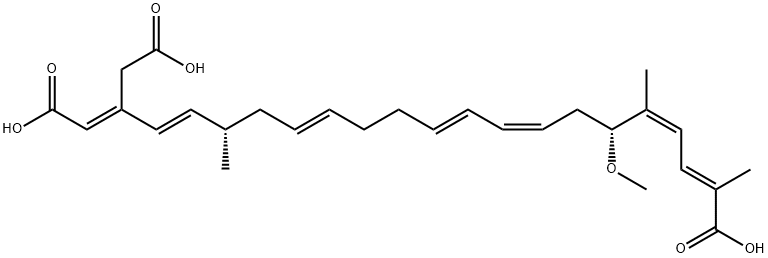 (6R,17S,2E,4Z,8Z,10E,14E,18E,20E)-20-(Carboxymethyl)-6-methoxy-2,5,17-trimethyl-2,4,8,10,14,18,20-docosaheptenedioic acid 구조식 이미지