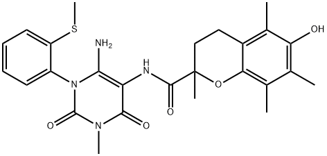 2H-1-Benzopyran-2-carboxamide,  N-[6-amino-1,2,3,4-tetrahydro-3-methyl-1-[2-(methylthio)phenyl]-2,4-dioxo-5-pyrimidinyl]-3,4-dihydro-6-hydroxy-2,5,7,8- 구조식 이미지