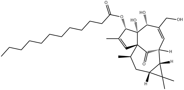 Lauric acid (1aR)-1aα,2β,5,5a,6,9,10,10aα-octahydro-5β,5aβ-dihydroxy-4-hydroxymethyl-1,1,7,9α-tetramethyl-11-oxo-1H-2α,8aα-methanocyclopenta[a]cyclopropa[e]cyclodecen-6β-yl ester 구조식 이미지