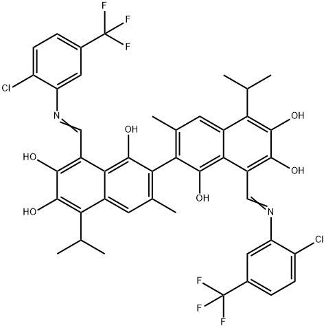 1-[[[2-chloro-5-(trifluoromethyl)phenyl]amino]methylidene]-7-[8-[[[2-c hloro-5-(trifluoromethyl)phenyl]amino]methylidene]-1,6-dihydroxy-3-met hyl-7-oxo-5-propan-2-yl-naphthalen-2-yl]-3,8-dihydroxy-6-methyl-4-prop an-2-yl-naphthalen-2-one 구조식 이미지