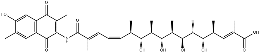 2,13,15-Heptadecatrienoic acid, 17-[(1,4-dihydro-6-hydroxy-3,7-dimethyl-1,4-dioxo-2-naphthalenyl)amino]-5,7,9,11-tetrahydroxy-2,4,6,8,10,12,16-heptamethyl-17-oxo-, (2E,4S,5S,6R,7R,8R,9R,10R,11R,12R,13Z,15E)- 구조식 이미지