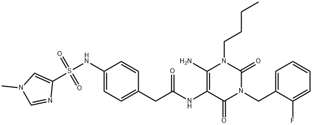 Benzeneacetamide,  N-[6-amino-1-butyl-3-[(2-fluorophenyl)methyl]-1,2,3,4-tetrahydro-2,4-dioxo-5-pyrimidinyl]-4-[[(1-methyl-1H-imidazol-4- Structure