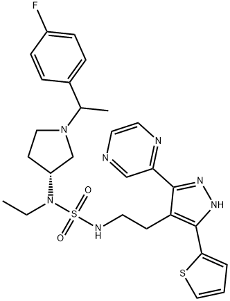 Sulfamide, N-ethyl-N-[(3R)-1-[1-(4-fluorophenyl)ethyl]-3-pyrrolidinyl]-N'-[2-[3-(2-pyrazinyl)-5-(2-thienyl)-1H-pyrazol-4-yl]ethyl]- Structure