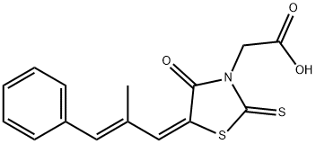 3-Thiazolidineacetic acid, 5-[(2E)-2-methyl-3-phenyl-2-propen-1-ylidene]-4-oxo-2-thioxo-, (5E)- 구조식 이미지