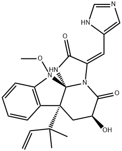 1H,5H-Imidazo[1',2':1,2]pyrido[2,3-b]indole-2,5(3H)-dione, 7a-(1,1-dimethyl-2-propen-1-yl)-6,7,7a,12-tetrahydro-6-hydroxy-3-(1H-imidazol-5-ylmethylene)-12-methoxy-, (3E,6S,7aR,12aS)- 구조식 이미지