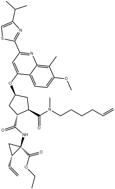 (1R,2S)-2-Ethenyl-1-[[[(1R,2R,4R)-2-[(5-hexen-1-ylmethylamino)carbonyl]-4-[[7-methoxy-8-methyl-2-[4-Isopropyl-thiazol-2-yl]-quinolin-4-yl]oxy]cyclopentyl]carbonyl]amino]cyclopropane-carboxylic acid ethyl este 구조식 이미지