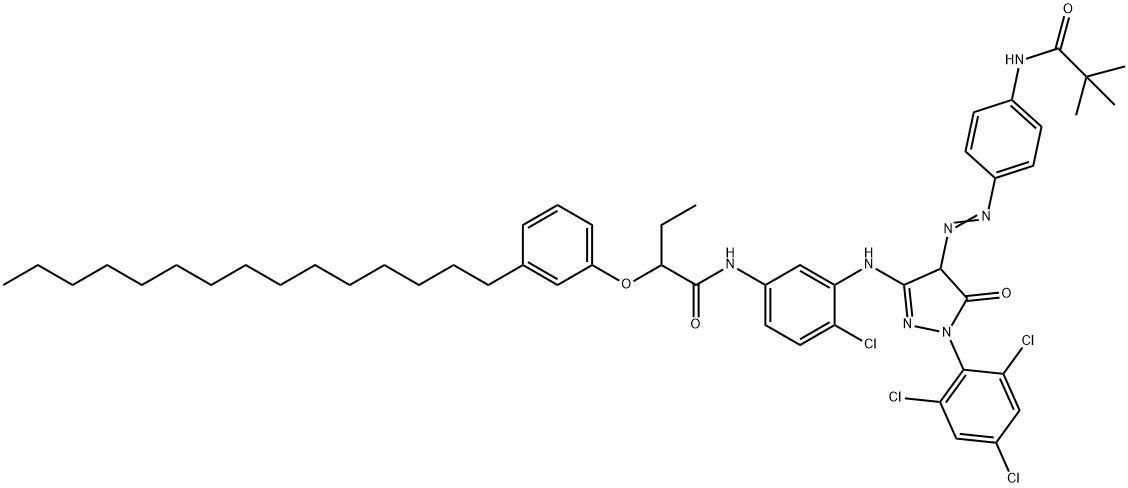 4-(4-((-2,2-Dimethyl-propanamido)-3-(2-chlor-5-(2-(3-pentadecylphenoxy)butylamido)anilin)-1-(2,4,6-trichlorphenyl)-2-pyrazolin)-5-one 구조식 이미지