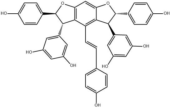 1,3-Benzenediol, 5,5'-[(2S,3S,5S,6S)-2,3,5,6-tetrahydro-2,6-bis(4-hydroxyphenyl)-4-[(1E)-2-(4-hydroxyphenyl)ethenyl]benzo[1,2-b:5,4-b']difuran-3,5-diyl]bis- Structure