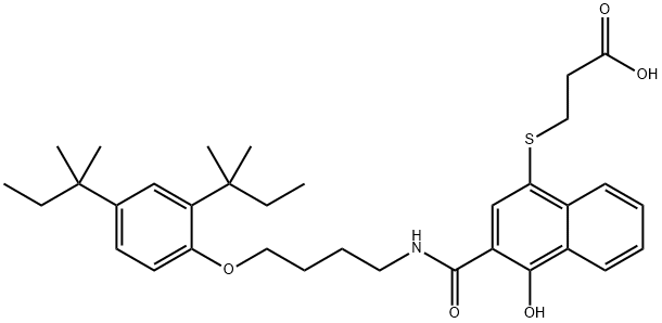 3-(3-(4-(2,4-bis(1,1-dimethylpropyl)phenoxy)butylaminocarbonyl-4-hydroxy-1-naphthalenyl)thio)propanoic acid 구조식 이미지