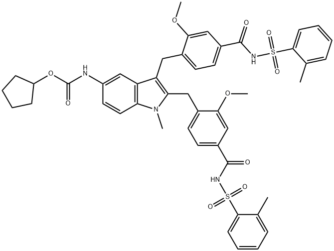 Carbamic acid, N-[2,3-bis[[2-methoxy-4-[[[(2-methylphenyl)sulfonyl]amino]carbonyl]phenyl]methyl]-1-methyl-1H-indol-5-yl]-, cyclopentyl ester Structure