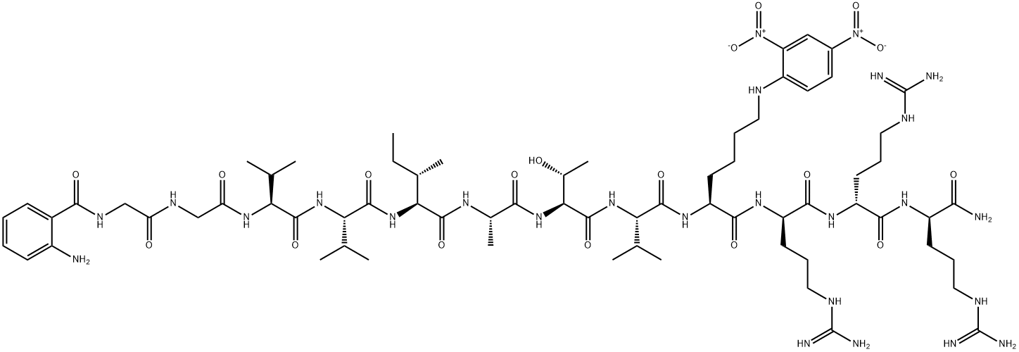 Abz-Amyloid β/A4 Protein Precursor770 (708-715)-Lys(Dnp)-D-Arg-D-Arg-D-Arg amide trifluoroacetate salt Abz-Gly-Gly-Val-Val-Ile-Ala-Thr-Val-Lys(Dnp)-D-Arg-D-Arg-D-Arg-NH2 trifluoroacetate salt 구조식 이미지