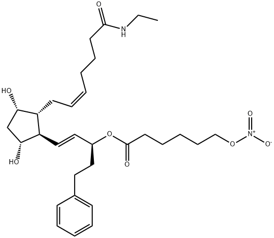 Hexanoic acid, 6-(nitrooxy)-, (1S,2E)-3-[(1R,2R,3S,5R)-2-[(2Z)-7-(ethylamino)-7-oxo-2-hepten-1-yl]-3,5-dihydroxycyclopentyl]-1-(2-phenylethyl)-2-propen-1-yl ester 구조식 이미지