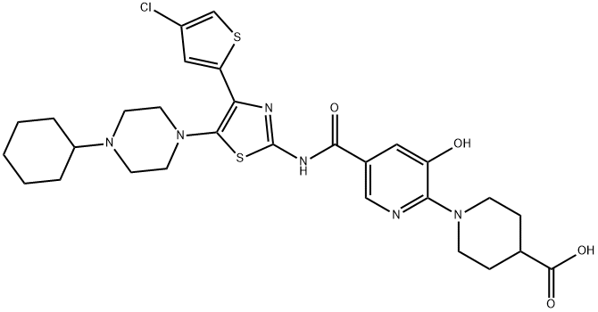 4-Piperidinecarboxylic acid, 1-[5-[[[4-(4-chloro-2-thienyl)-5-(4-cyclohexyl-1-piperazinyl)-2-thiazolyl]amino]carbonyl]-3-hydroxy-2-pyridinyl]- Structure