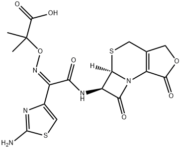 Propanoic acid, 2-[[(Z)-[1-(2-amino-4-thiazolyl)-2-oxo-2-[[(5aR,6R)-1,4,5a,6-tetrahydro-1,7-dioxo-3H,7H-azeto[2,1-b]furo[3,4-d][1,3]thiazin-6-yl]amino]ethylidene]amino]oxy]-2-methyl- 구조식 이미지