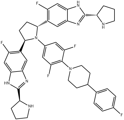 5, 5'-[(2R, 5R)-1-[3,5-difluoro-4-(4-(4-fluorophenyl)- 1-piperidinyl)phenyl]-2,5-pyrrolidinediyl]bis[6-fluoro-2-(2S)-2-pyrrolidinyl 1H-benzimidzole] 구조식 이미지