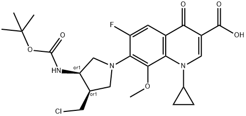 3-Quinolinecarboxylic acid, 7-[(3R,4R)-3-(chloroMethyl)-4-[[(1,1-diMethylethoxy)carbonyl]aMino]-1-pyrrolidinyl]-1-cyclopropyl-6-fluoro-1,4-dihydro-8-Methoxy-4-oxo-, rel- 구조식 이미지