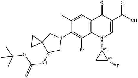 3-Quinolinecarboxylic acid, 8-broMo-7-[(7R)-7-[[(1,1-diMethylethoxy)carbonyl]aMino]-5-azaspiro[2.4]hept-5-yl]-6-fluoro-1-[(1S,2R)-2-fluorocyclopropyl]-1,4-dihydro-4-oxo-, rel- 구조식 이미지