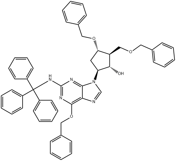 (1S,2S,3S,5S)-3-Benzyloxy-2-benzyloxymethyl-5-[6-benzyloxy-2-(trityl-amino)-purin-9-yl]-cyclopentanol 구조식 이미지