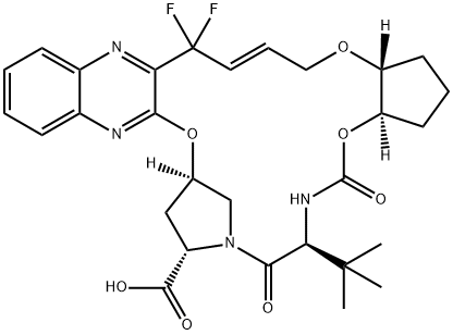 (33R,35S,91R,92R,5S,E)-5-(tert-butyl)-14,14-difluoro-4,7-dioxo-2,8,10-trioxa-6-aza-1(2,3)-quinoxalina-3(3,1)-pyrrolidina-9(1,2)-cyclopentanacyclotetradecaphan-12-ene-35-carboxylic acid 구조식 이미지