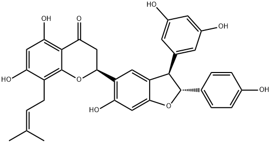 (2S)-5,7-Dihydroxy-2,3-dihydro-2α-[[(2R)-2β-(4-hydroxyphenyl)-3α-(3,5-dihydroxyphenyl)-6-hydroxy-2,3-dihydrobenzofuran]-5-yl]-8-(3-methyl-2-butenyl)-4H-1-benzopyran-4-one 구조식 이미지