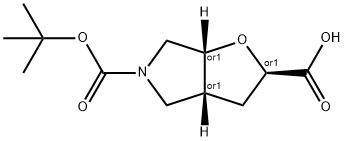 Racemic-(2R,3aR,6aR)-5-(tert-butoxycarbonyl)hexahydro-2H-furo[2,3-c]pyrrole-2-carboxylic acid 구조식 이미지