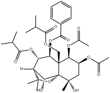 Propanoic acid, 2-methyl-, [(3S,4S,5S,5aS,6R,7S,9S,9aS,10R)-6,7-bis(acetyloxy)-5-(benzoyloxy)octahydro-9,10-dihydroxy-2,2,9-trimethyl-4-(2-methyl-1-oxopropoxy)-5aH-3,9a-methano-1-benzoxepin-5a-yl]methyl ester Structure