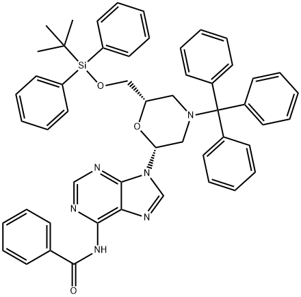 (2'R,6'S)-N6-benzoyl-9-{6'-[(tert-butyldiphenylsilyloxy)methyl]-N-tritylmorpholin-2'-yl}adenine 구조식 이미지