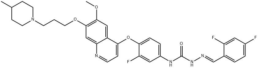 Hydrazinecarboxamide, 2-[(2,4-difluorophenyl)methylene]-N-[3-fluoro-4-[[6-methoxy-7-[3-(4-methyl-1-piperidinyl)propoxy]-4-quinolinyl]oxy]phenyl]-, (2E)- Structure